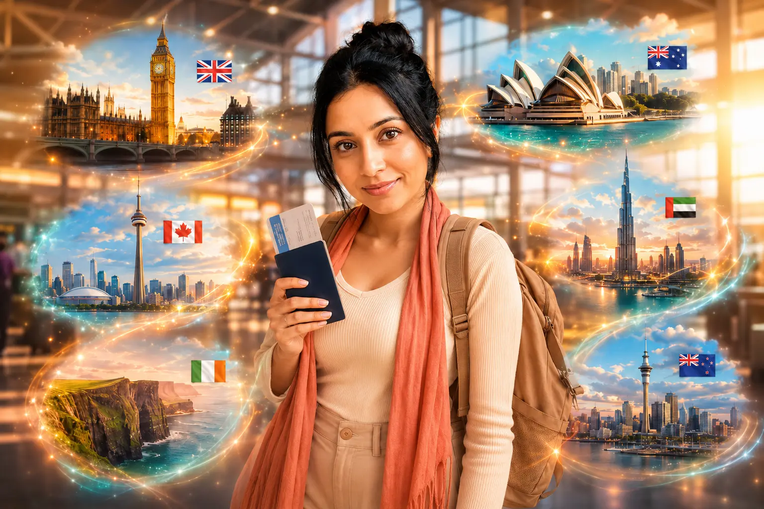 Sri Lankan student ready to study abroad, surrounded by flags of the UK, Australia, Canada, Dubai, Ireland and New Zealand