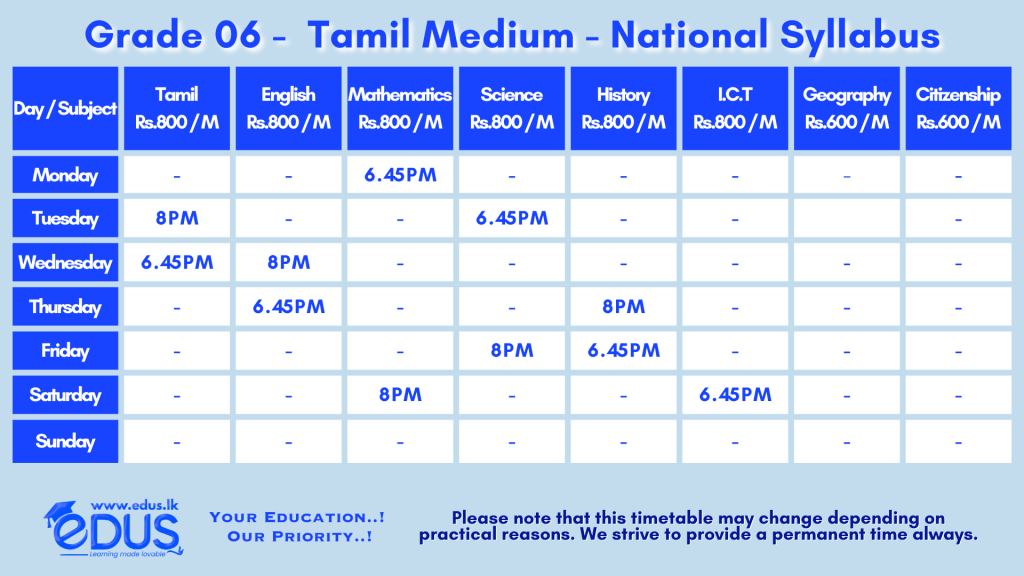 Grade 6 Tamil Medium Sri Lankan Time Tabel